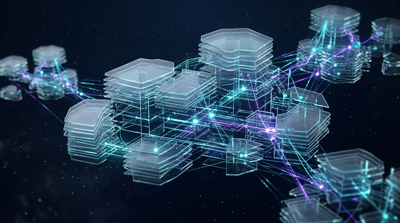 Abstract render of a distributed cloud architecture made of glass layers linked by streams of light