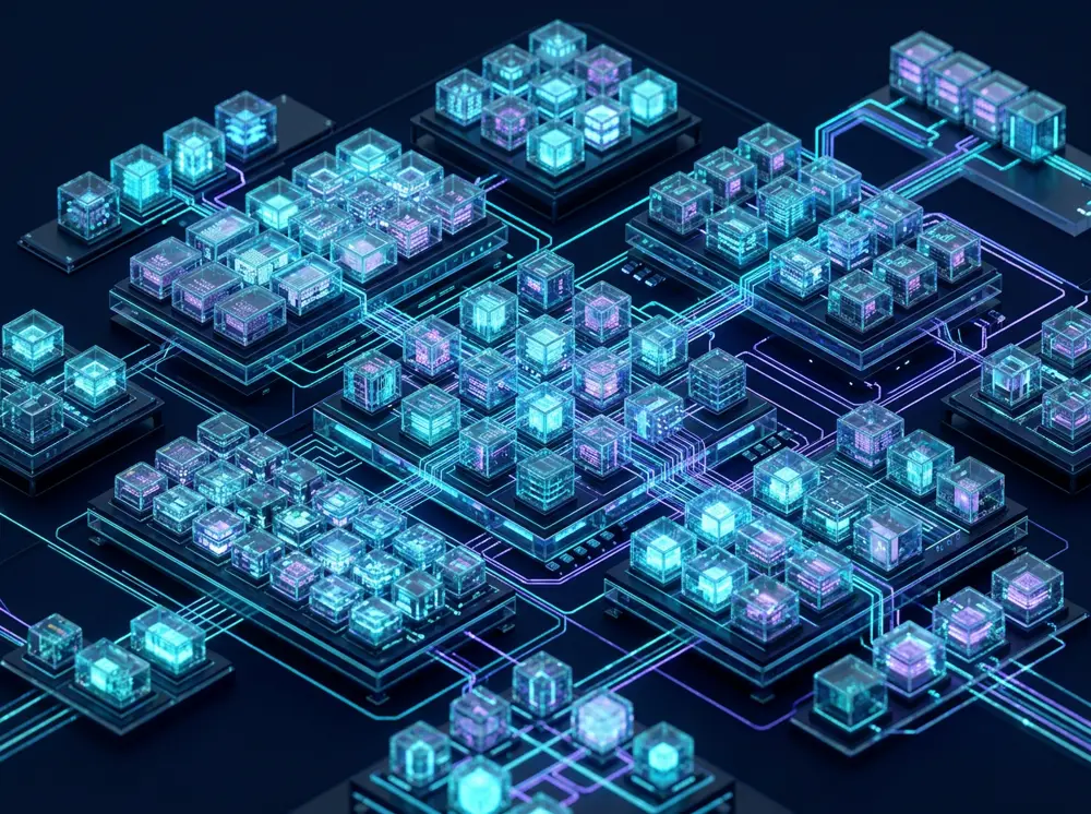 Isometric render of modular glowing server blocks and microservices connected by light circuits