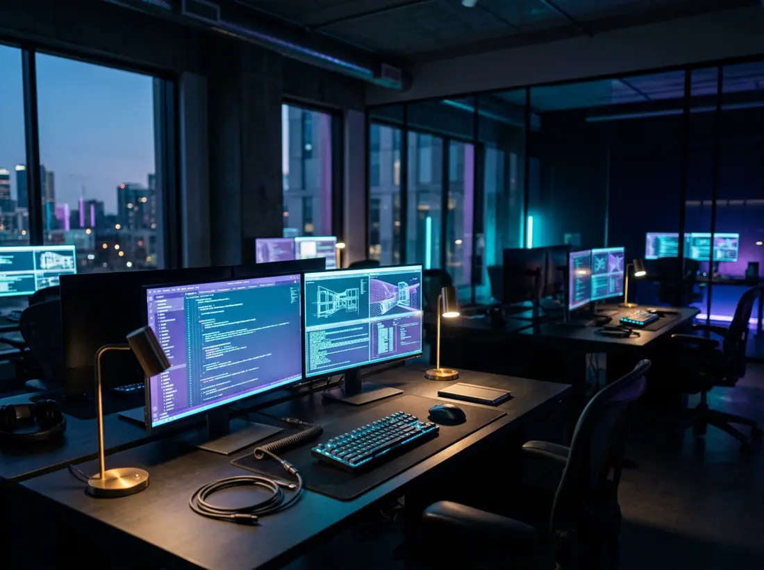 The ThreeKs Inc. engineering studio at dusk, with monitors showing code and architecture diagrams